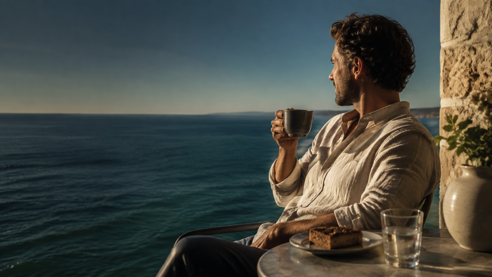 A quiet coffee moment on a sunlit terrace overlooking the sea